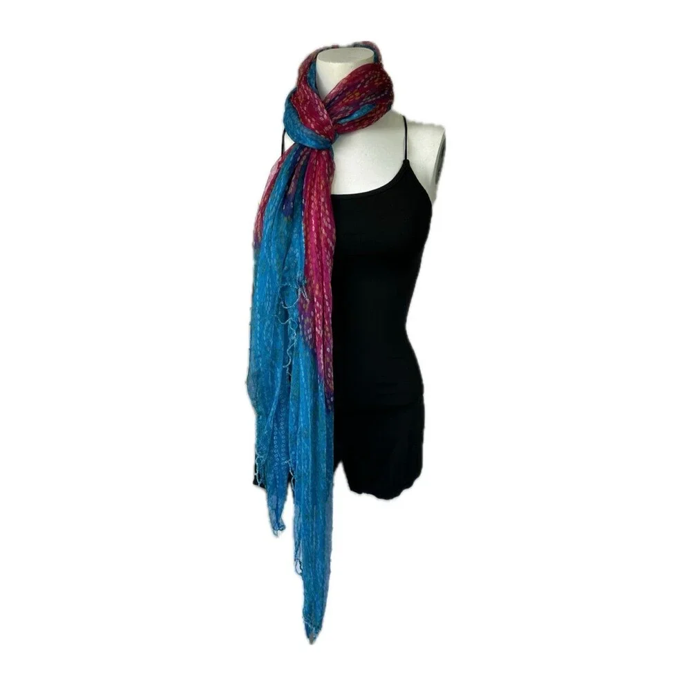 Unbranded Silky Sheer Bright Watercolor Ombre Beaded Trim Blue Pink Scarf Shawl